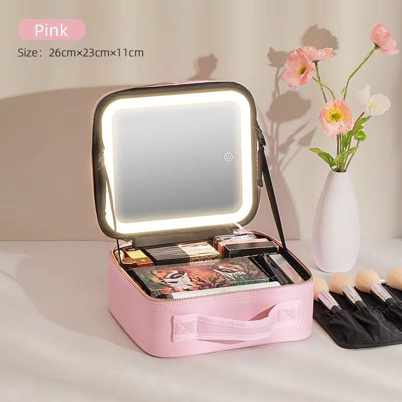 Makeup Travel Train Case with LED Lighted Mirror