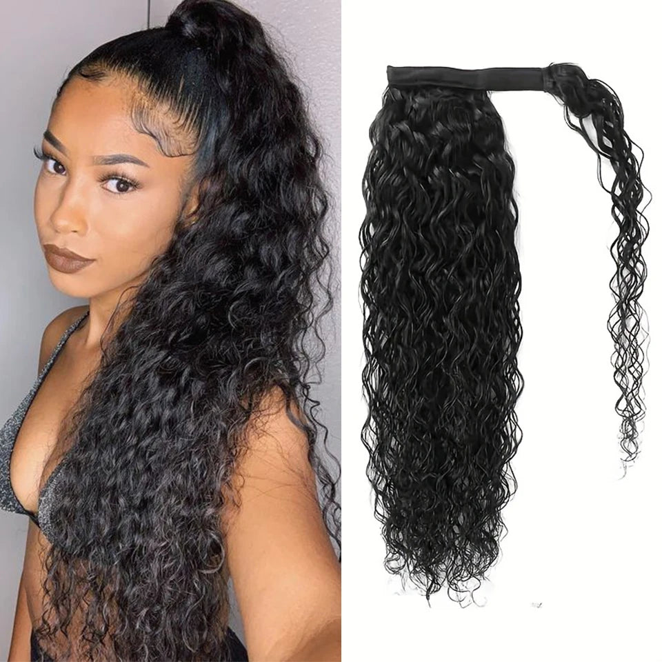 Water Wave Human Hair Ponytail Extensions