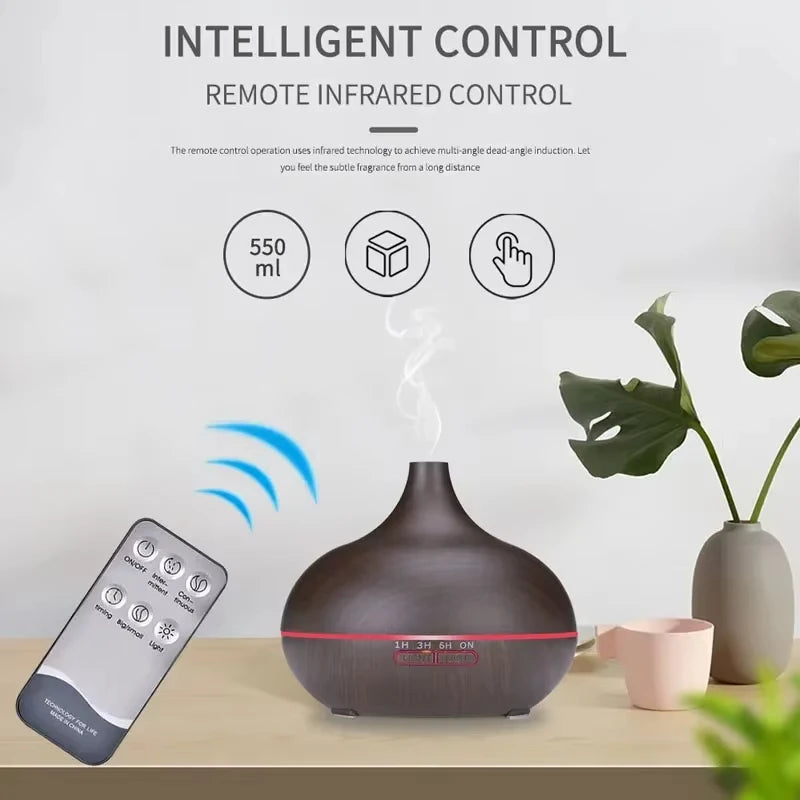 500mL Wood Grain Essential Oil Diffuser – Remote & 7-Color LED