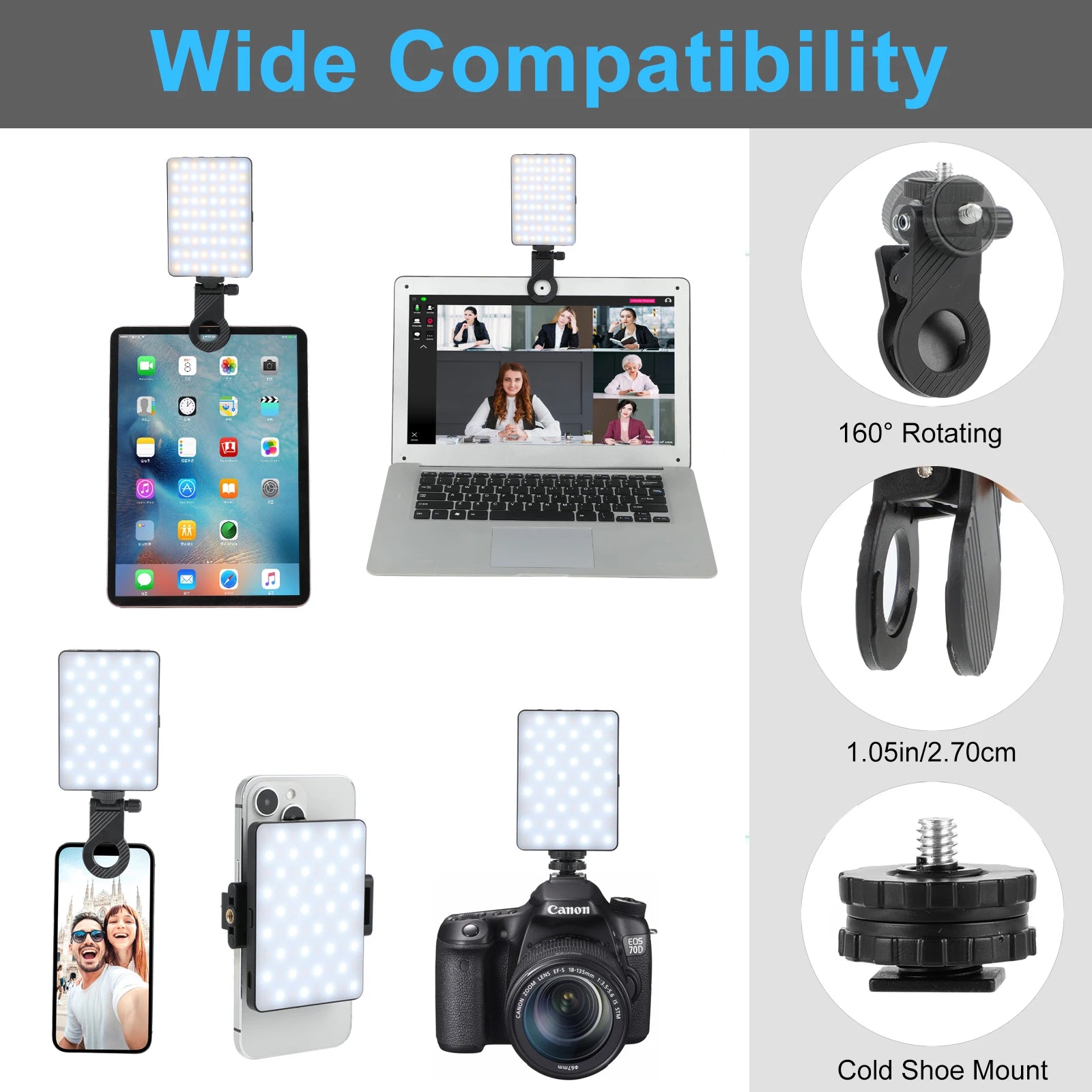 72 LED Rechargeable Selfie Light with Front & Back Phone Clip