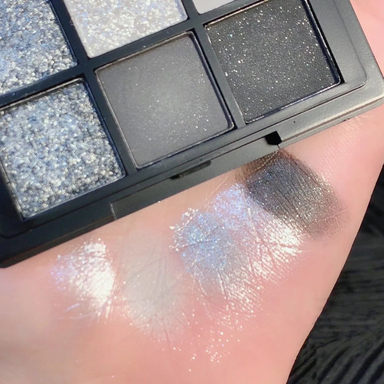 9-Color Smokey Shimmer Eyeshadow Palette - Matte, Glitter, & Sequin Cool-Toned Gray & Black Eye Makeup