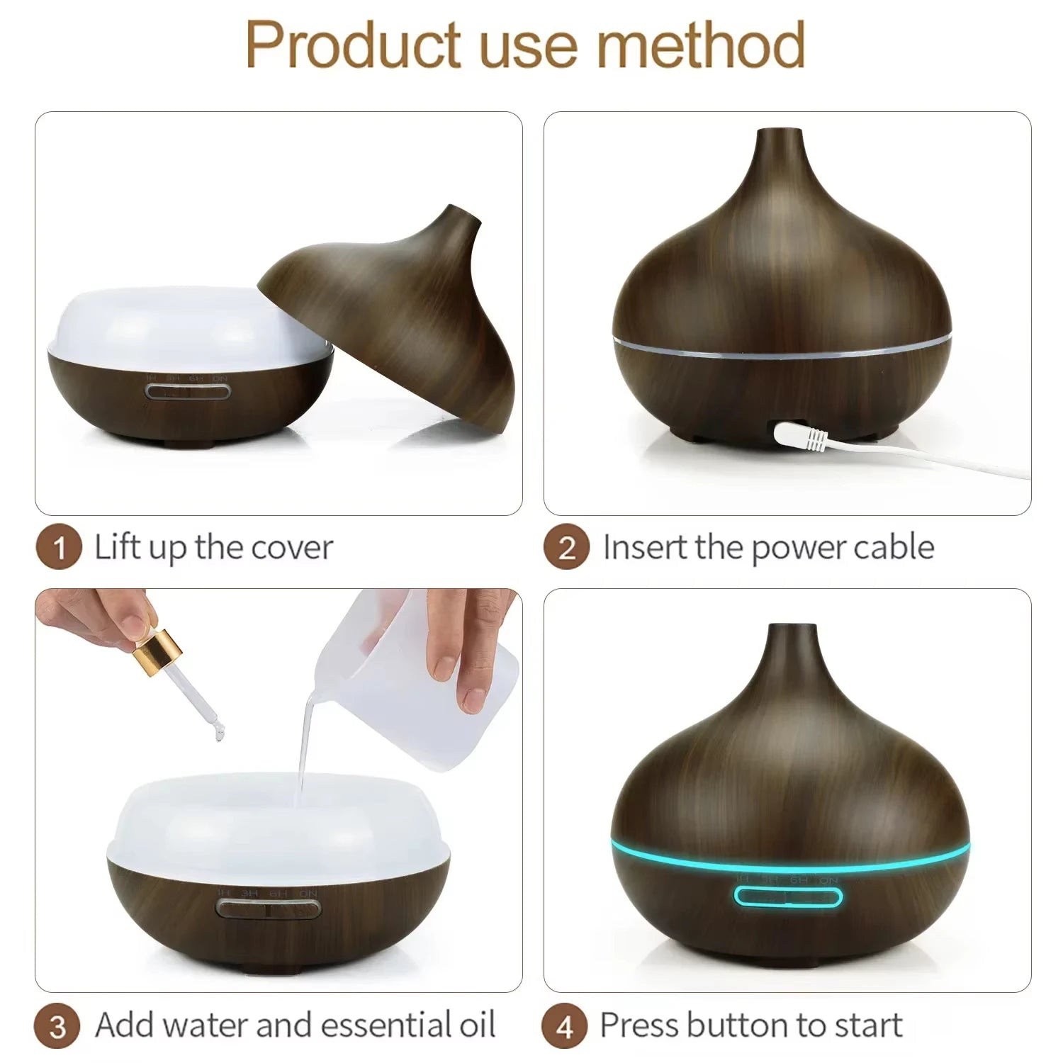 500mL Wood Grain Essential Oil Diffuser – Remote & 7-Color LED