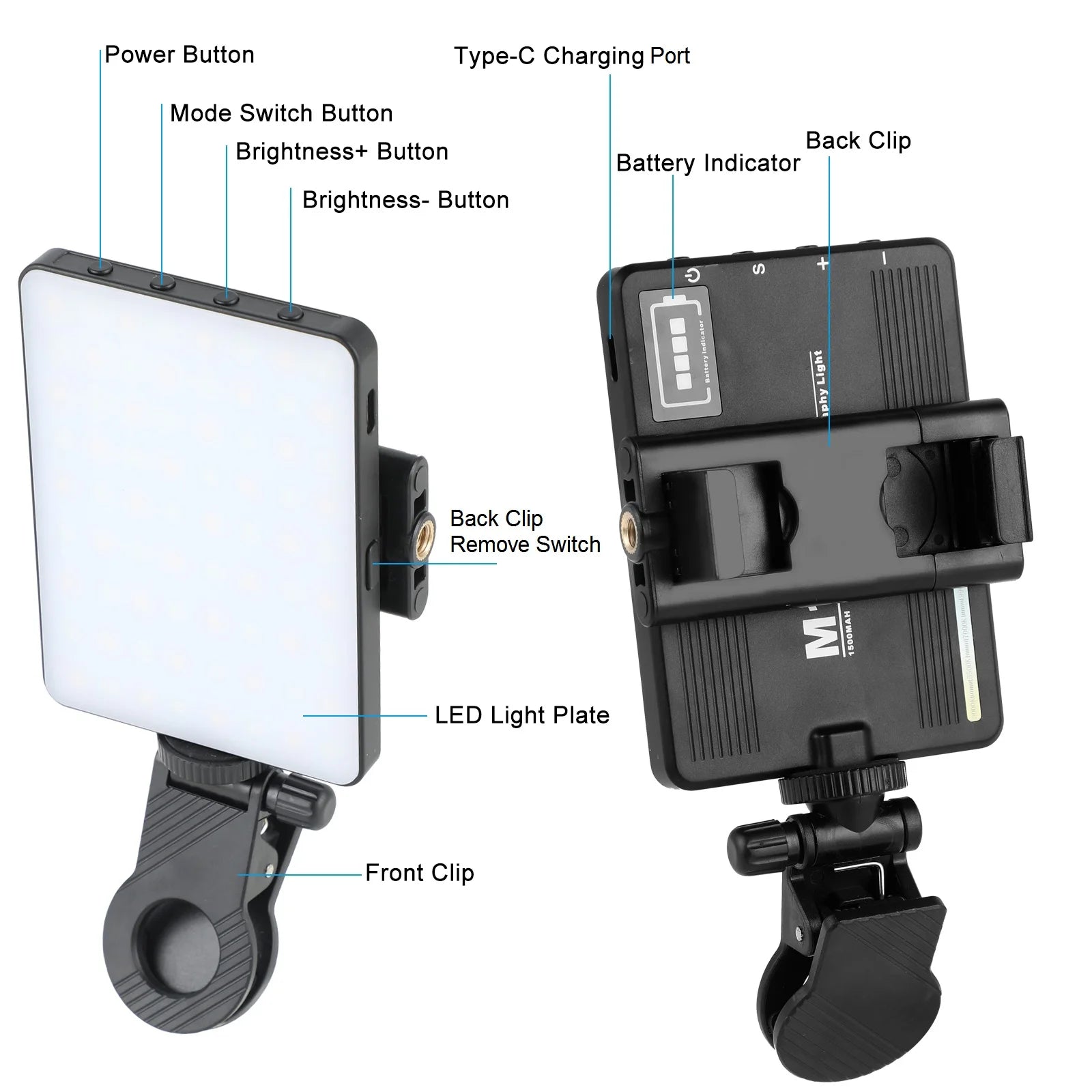 72 LED Rechargeable Selfie Light with Front & Back Phone Clip
