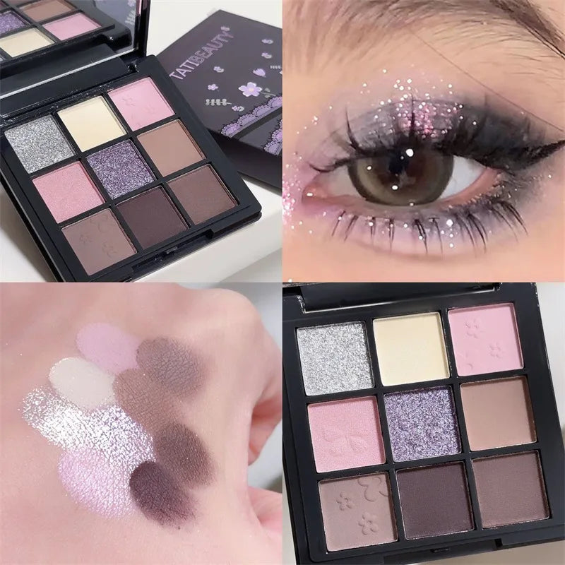 9-Color Smokey Shimmer Eyeshadow Palette - Matte, Glitter, & Sequin Cool-Toned Gray & Black Eye Makeup