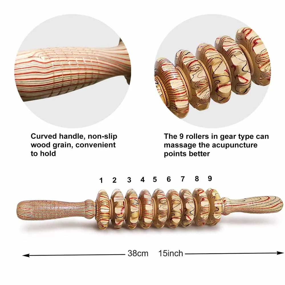 9-Roller Wooden Massager – Handheld Relief