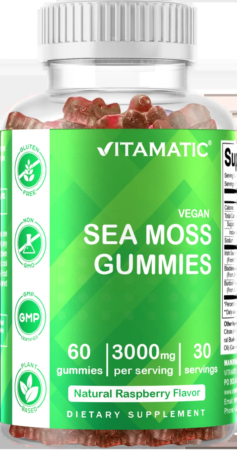2 Pack  Irish Sea Moss Gummies - 3000 Mg - 60 Vegan Gummies - Made with Bladderwrack & Burdock Root - Seamoss Supplement for Thyroid, Energy, Immune Support