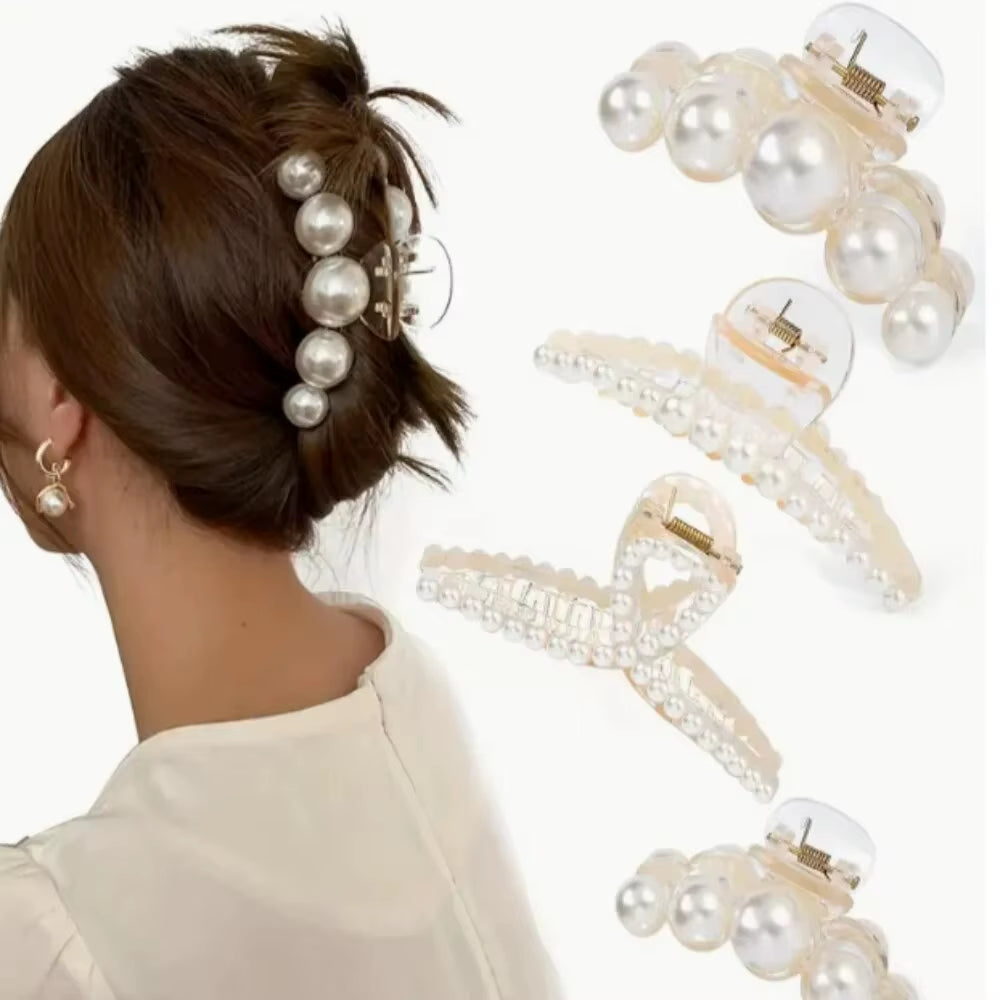 4Pcs Large Shark Clip Hair Accessories Temperament Versatile Simple and Generous Fashionable Gentle Pearl Grab Clip