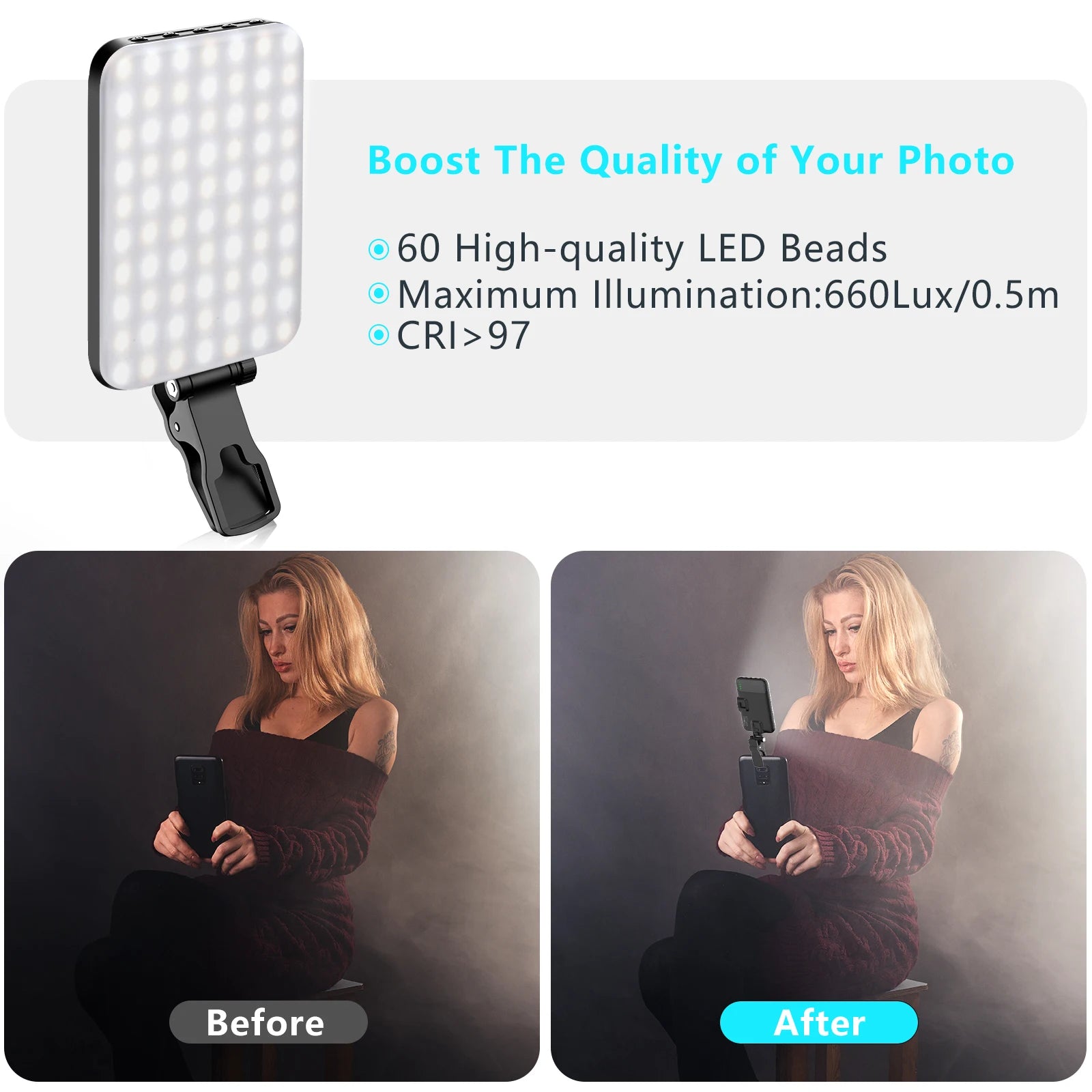 LED Selfie Light 60 High Power Rechargeable Clip