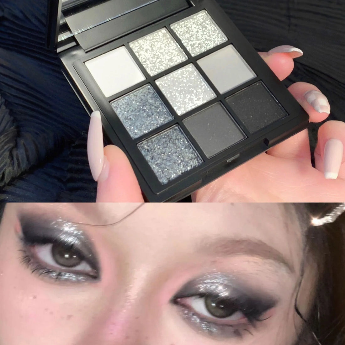 9-Color Smokey Shimmer Eyeshadow Palette - Matte, Glitter, & Sequin Cool-Toned Gray & Black Eye Makeup