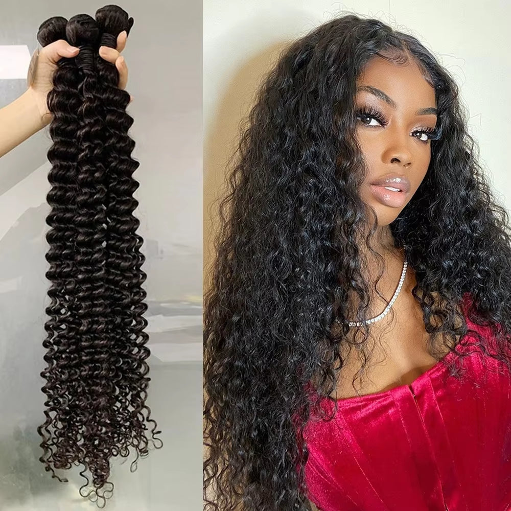 Deep Wave Virgin Hair Weaves Bundles (Curly)